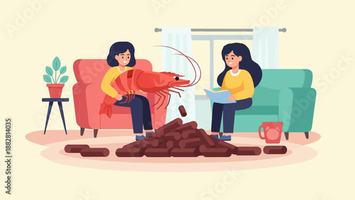 Cozy indoor scene with people, a giant shrimp, and firewood