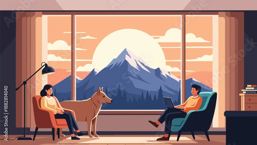 Cozy indoor scene with people, dog, and mountain view at sunset