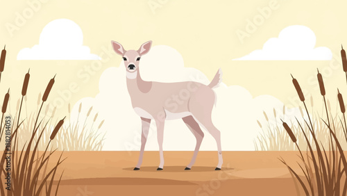 Delicate doe stands amidst cattails and tall grasses under a pale sky