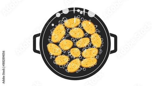 Illustrated overhead view of golden potatoes bubbling in a dark pot, a vibrant culinary process graphic