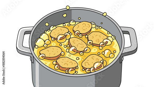 Vivid animated depiction of several golden patties gently simmering within a bright, bubbly yellow liquid in a sturdy gray pot, illustrating an