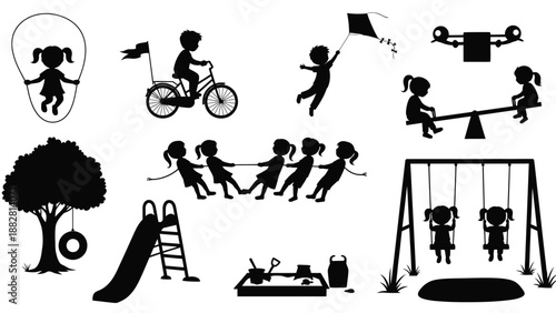 Silhouettes of children playing on playground equipment and engaging in outdoor activities