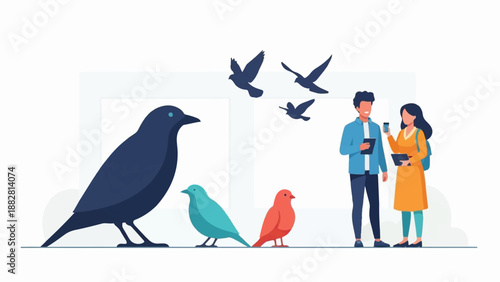 Diverse group of birds and people interacting