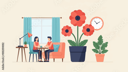 Couple sitting at table, indoors with flowers, plants, and clock