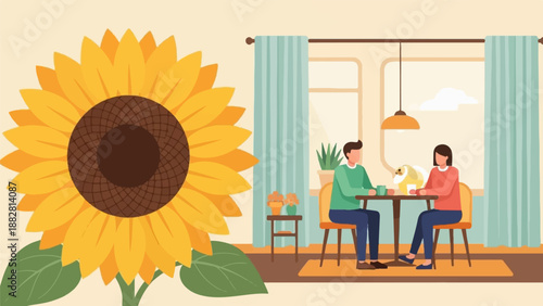 Couple sitting at a table with a small dog, with a large sunflower