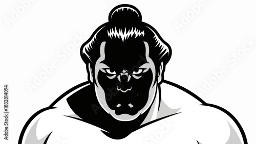 Fierce sumo wrestler, intense gaze, topknot hairstyle, powerful shoulders