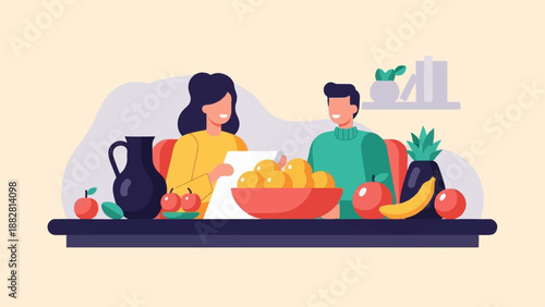 Couple sharing food and conversation at a table with fruit and a vase