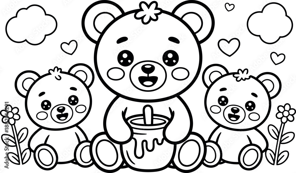 Obraz premium A black and white illustration of three cute teddy bears sitting together with flowers and hearts around them.
