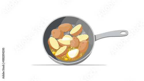 Illustrative depiction of potatoes simmering in a pan, a basic cooking process for various dishes