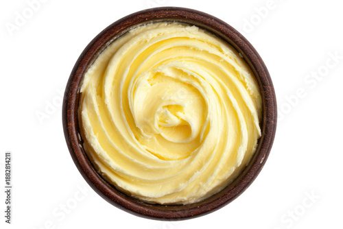 twisted creamy butter swirl in dark bowl top view isolated on white or transparent png