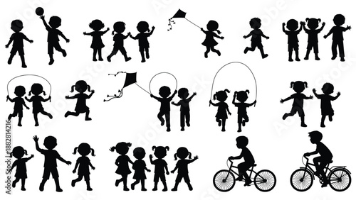 Silhouettes of Children Playing with Kites and Jump Ropes black white
