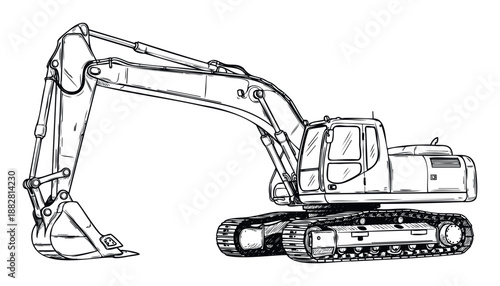 Heavy construction excavator machinery depicted in a bold line drawing style, perfect for engineering blueprints, building project visuals, or industrial equipment catalogs