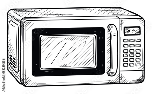 Hand drawn sketch of a classic kitchen microwave oven, perfect for cooking related content, appliance manuals, or home electronics catalogs