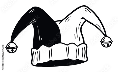 Black and white traditional jester hat with two pointed tips and bells, symbolizing fun, humor, and entertainment, suitable for carnival, comedy, or performance related projects.