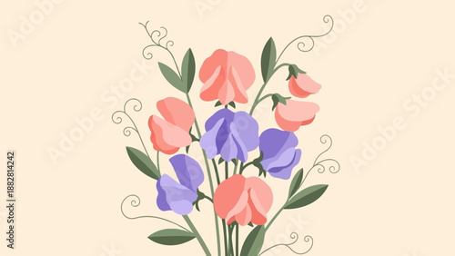 Delicate pastel arrangement of sweet pea flowers and vines