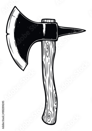 A sturdy black and white loggers splitting axe with a wooden handle and sharp metal blade ready for heavy duty chopping work or industrial utility applications