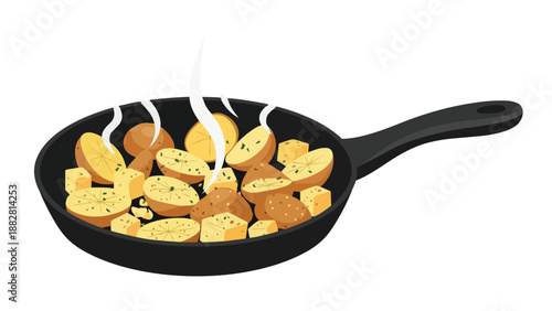 A delightful visual showcasing freshly cut potatoes and savory cheese pieces actively cooking in a black pan, with steam rising, symbolizing a warm