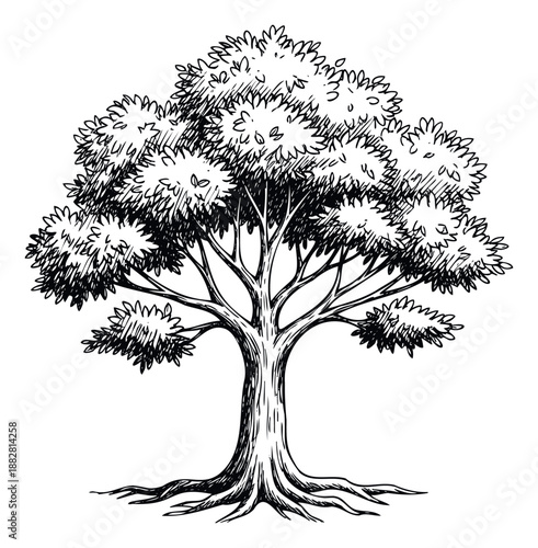 Hand drawn black and white ink sketch of a strong oak tree with deep roots and full canopy symbolizing stability and life for environmental branding or genealogy family history charts