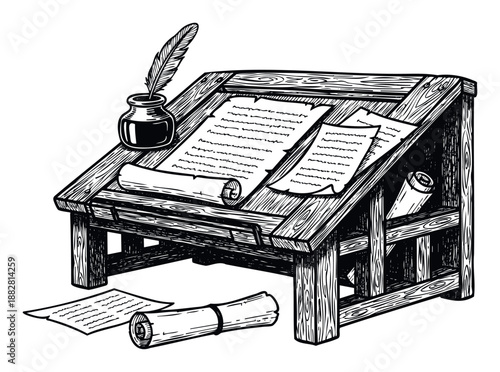 Vintage wooden writing desk with inkwell, quill pen, and ancient scrolls provides a historical theme for education, publishing, or storytelling projects