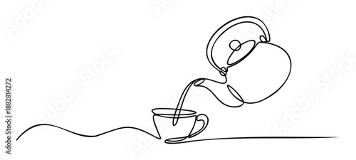Abstract continuous line imagery of a graceful tea kettle pouring a comforting hot drink into a beverage mug, perfect for serene cafe visuals or minimalist drink branding.