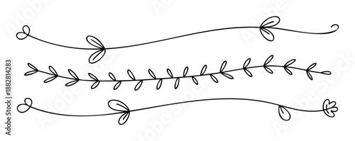 Minimalist hand drawn line dividers featuring delicate botanical elements and stylized leaves for decorative borders, text separators, and simple page ornaments in graphic designs.