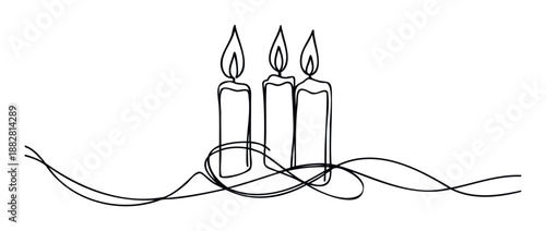 Continuous line drawing of three lit candles with a flowing ribbon accent, perfect for spiritual themes, holiday celebrations, and peaceful contemplation designs