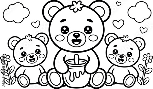 A black and white illustration of three cute teddy bears sitting together with flowers and hearts around them.
