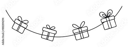 Simple line drawing featuring a festive garland of gift boxes with bows, ideal for holiday greeting decorations, celebration invitations, and special event announcements.