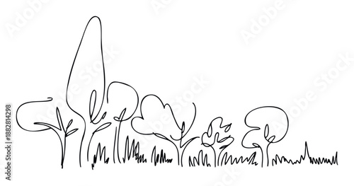 Continuous flowing line drawing depicting an abstract park landscape with stylized trees and various types of grass ideal for nature themed graphic design projects or modern environmental