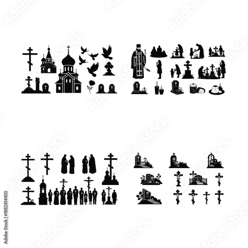 Black silhouettes of crosses, churches, and mourning people at a cemetery