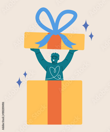Boy inside gift box. Colorful vector illustration