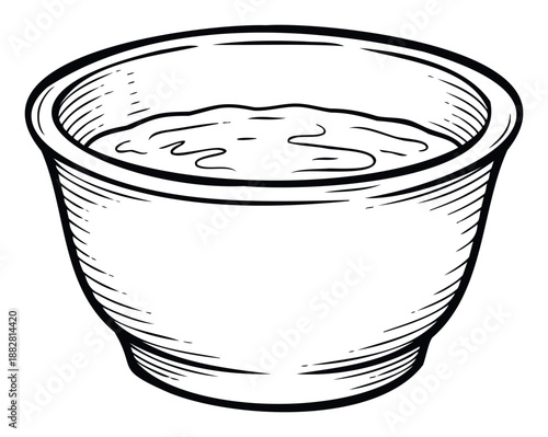 Detailed line drawing of a small ceramic bowl holding a wavy liquid condiment ideal for rustic kitchen themes recipe layouts and culinary promotional graphics