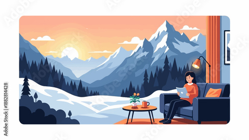 Cozy indoor scene with snow-capped mountains visible through window at sunset