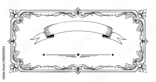 Elegant vintage ornamental frame with decorative ribbon and classic floral scrollwork perfect for diplomas, wedding invitations, menus, and award certificates