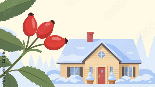 Cozy winter scene with rosehips and snow-covered house