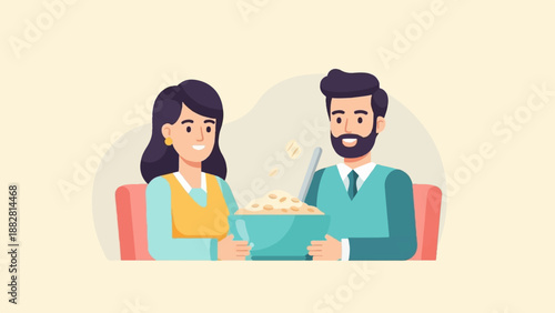 Couple shares a bowl of cereal, smiling at each other