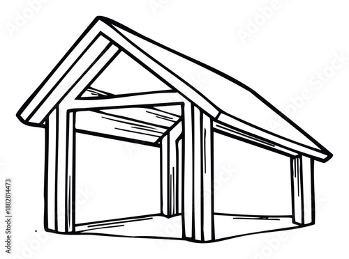 Detailed hand drawn wooden shelter structure outline perfect for illustrating garden shed plans, DIY construction projects, outdoor storage ideas, rustic farm building concepts, or simple