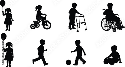 Children silhouette icons set showing kids playing walking riding bicycle holding balloon using walker and wheelchair representing inclusive childhood development activities isolated on 