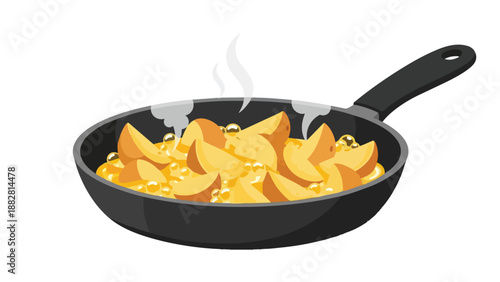 A vibrant cartoon illustration showcasing delicious golden food pieces simmering in a hot pan, emanating steam for a fresh culinary experience