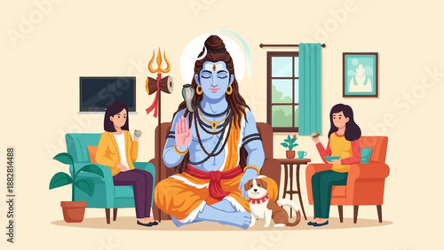 Divine figure with serene expression sits between two women enjoying snacks