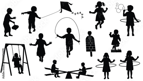 Silhouettes of children playing with various toys and activities in a park setting