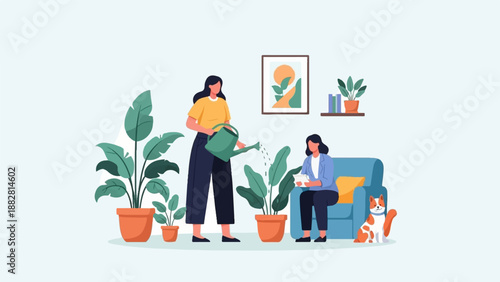 Cozy interior scene of two women caring for plants with a cat nearby