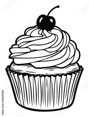 Classic black and white line drawing of a delicious cupcake with swirled frosting and a cherry on top, perfect for bakery menus, dessert shop promotions, or sweet treat graphic designs.