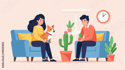 Couple relaxing with their dog and houseplants in a cozy living room