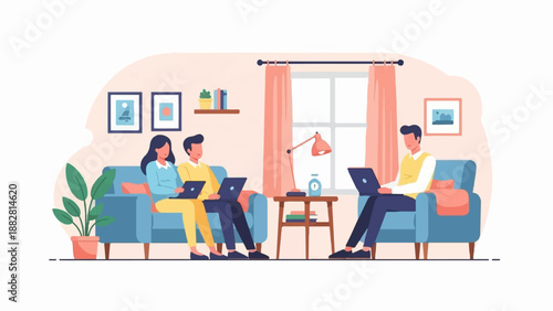Cozy interior scene of people working remotely on laptops in comfortable seating