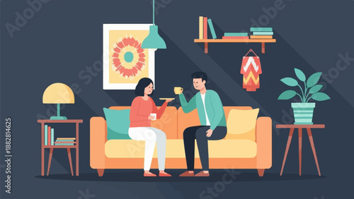 Cozy interior scene with a couple enjoying coffee on a sofa