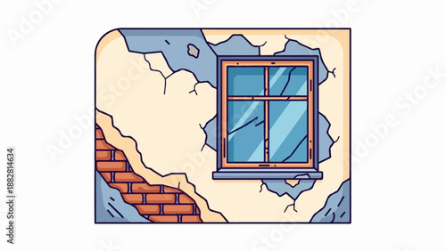 Cracked plaster reveals brickwork around a window with broken panes