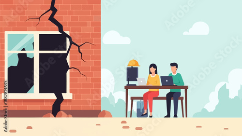 Cracked brick wall and people working outdoors