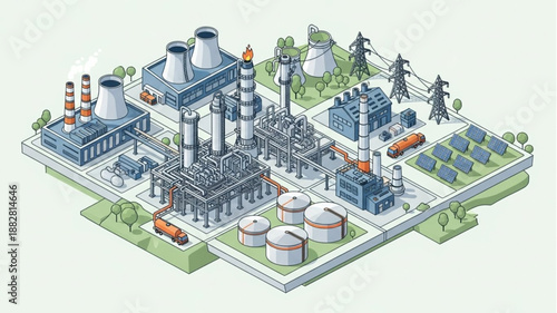 Industrial Power Plant Complex with Cooling Towers and Storage Tanks.