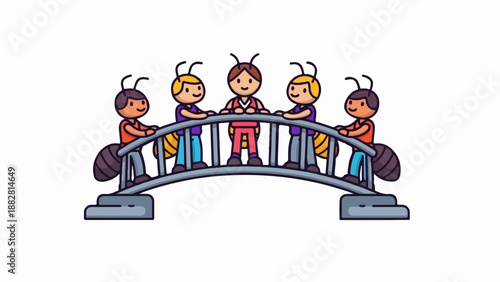 Five cartoon ants stand on a bridge, smiling cheerfully together